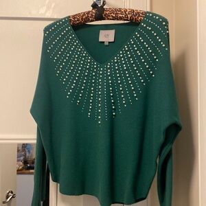 Liv Milano Green Pearl Rhinestone Embellished Sweater
